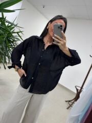 Fp 4924 Oversize Siyah Transparan İpeksi Gömlek