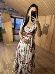 My 3073 Kahve çiçekli kolsuz keten elb