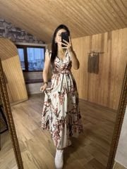 My 3073 Kahve çiçekli kolsuz keten elb