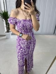 Purple pencil dress with front and back gusset