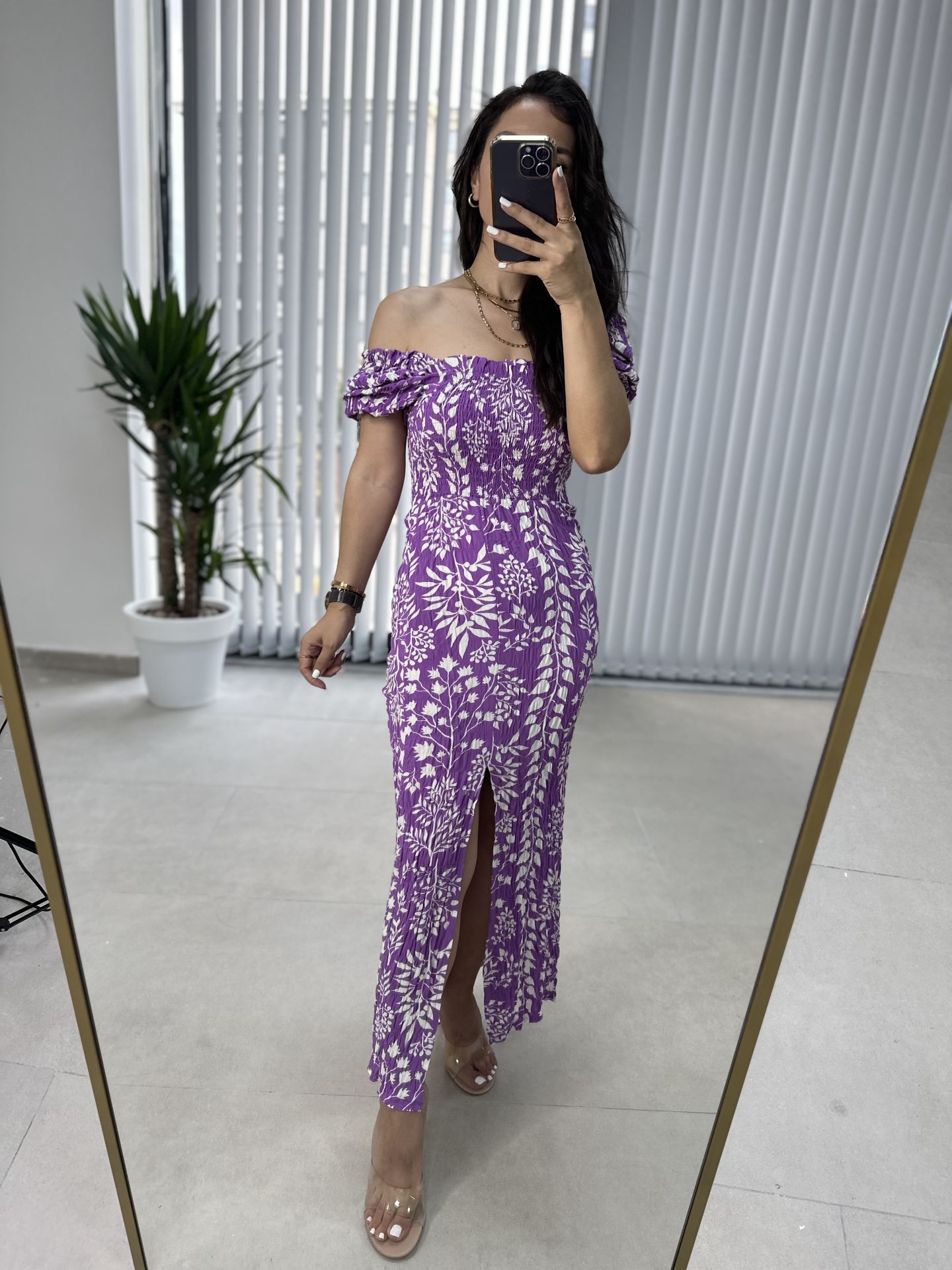 Purple pencil dress with front and back gusset