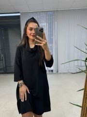 Ms Degaje Yaka Cepli Crep Siyah Elbise