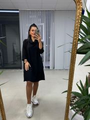 Ms Degaje Yaka Cepli Crep Siyah Elbise