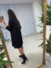 Ms Degaje Yaka Cepli Crep Siyah Elbise