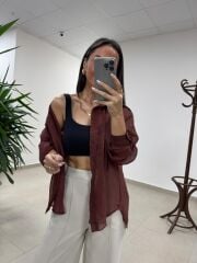 Fp 4924 Oversize Tarçın Transparan İpeksi Gömlek