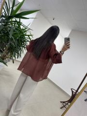 Fp 4924 Oversize Tarçın Transparan İpeksi Gömlek