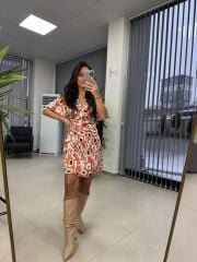 Mc 5849 Kruvaze Kahve Dalgalı Saten Elbise