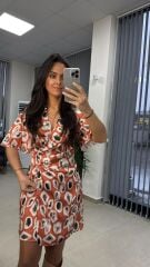 Mc 5849 Kruvaze Kahve Dalgalı Saten Elbise