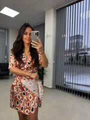 Mc 5849 Kruvaze Kahve Dalgalı Saten Elbise