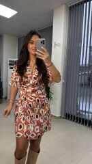 Mc 5849 Kruvaze Kahve Dalgalı Saten Elbise