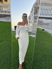 Sv 245012 Baklava Desen Ekru Triko Elbise