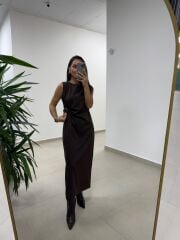 Bb 30562 Kahve Gold Kemer Detaylı Elbise