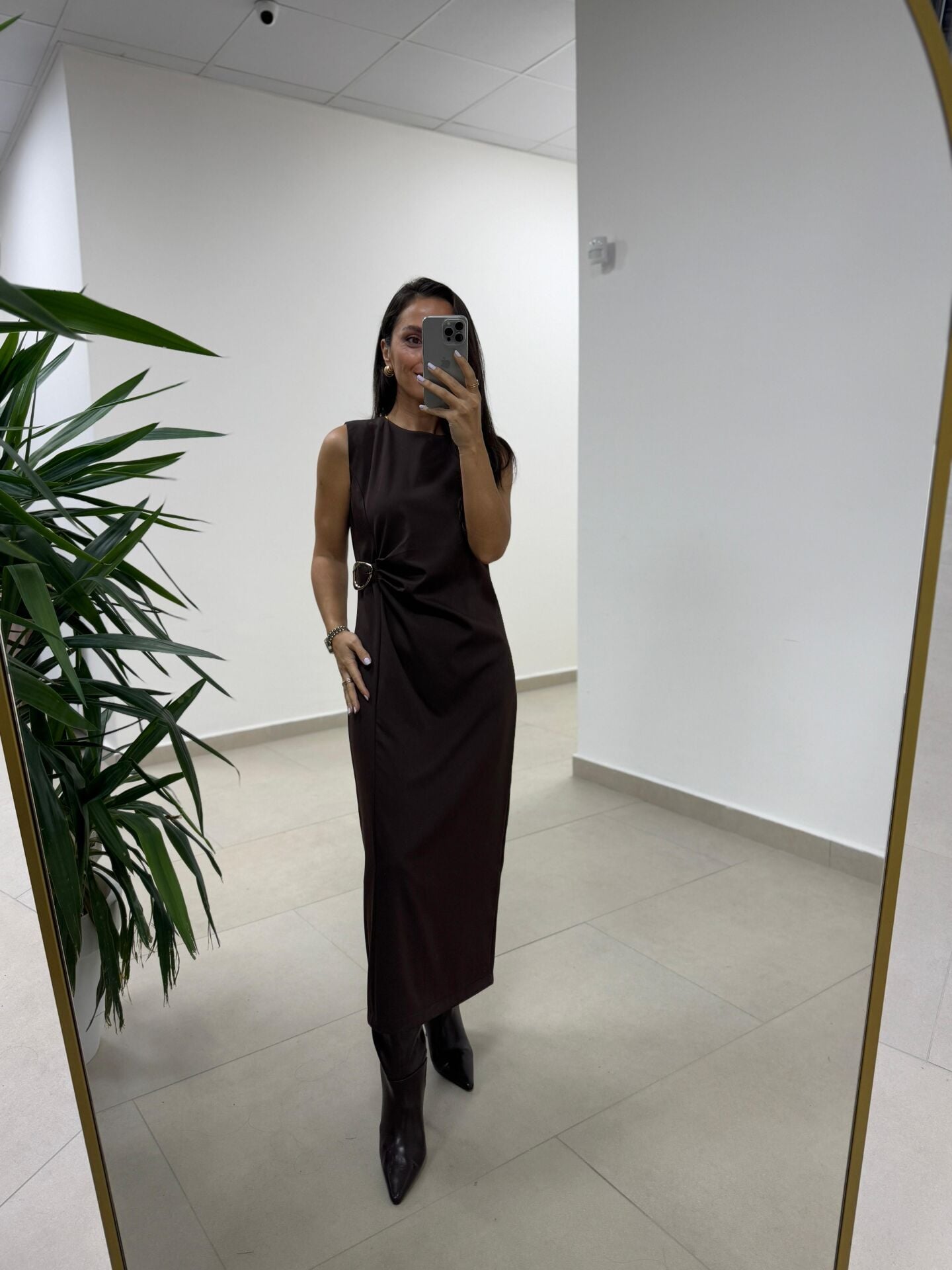 Bb 30562 Kahve Gold Kemer Detaylı Elbise