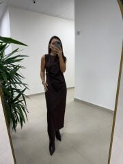 Bb 30562 Kahve Gold Kemer Detaylı Elbise