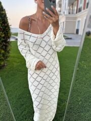 Sv 245012 Baklava Desen Ekru Triko Elbise