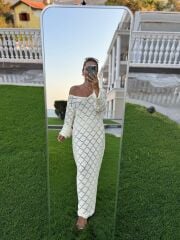 Sv 245012 Baklava Desen Ekru Triko Elbise