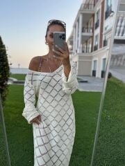 Sv 245012 Baklava Desen Ekru Triko Elbise