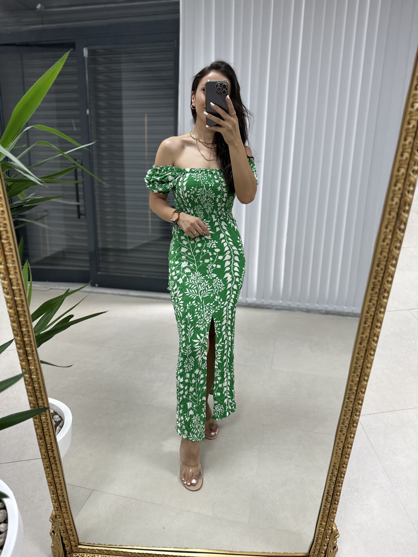 Green pencil dress with front and back gusset