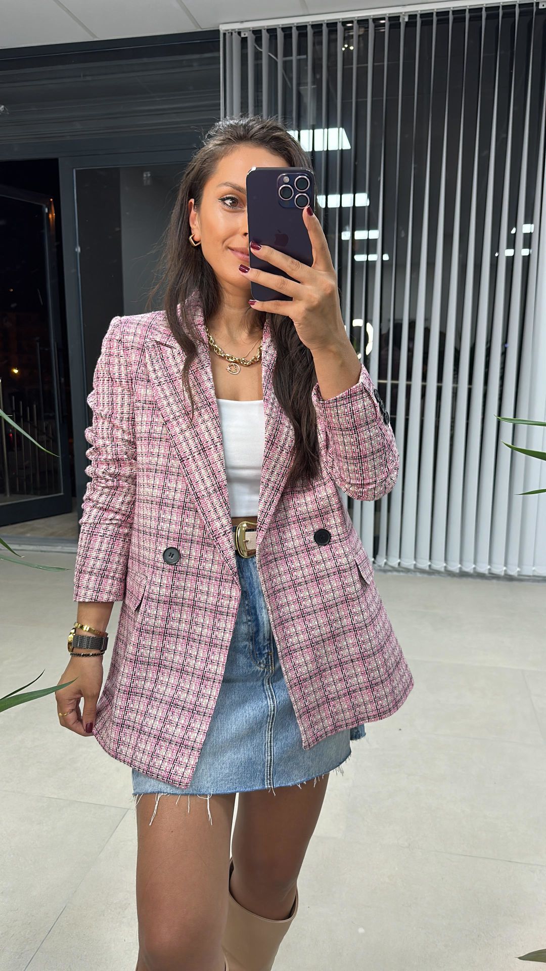 Pink Black Transitional Tweed Jacket 1013