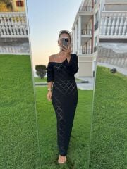 Sv 245012 Baklava Desen Siyah Triko Elbise