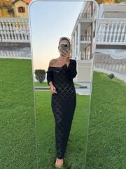 Sv 245012 Baklava Desen Siyah Triko Elbise