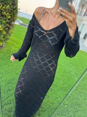 Sv 245012 Baklava Desen Siyah Triko Elbise