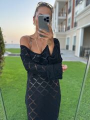 Sv 245012 Baklava Desen Siyah Triko Elbise