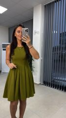 My 3692 Kolsuz Eteği Parça Dikişli Yağ Yeşili Çan Elbise
