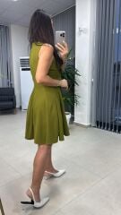 My 3692 Kolsuz Eteği Parça Dikişli Yağ Yeşili Çan Elbise