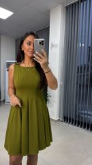 My 3692 Kolsuz Eteği Parça Dikişli Yağ Yeşili Çan Elbise