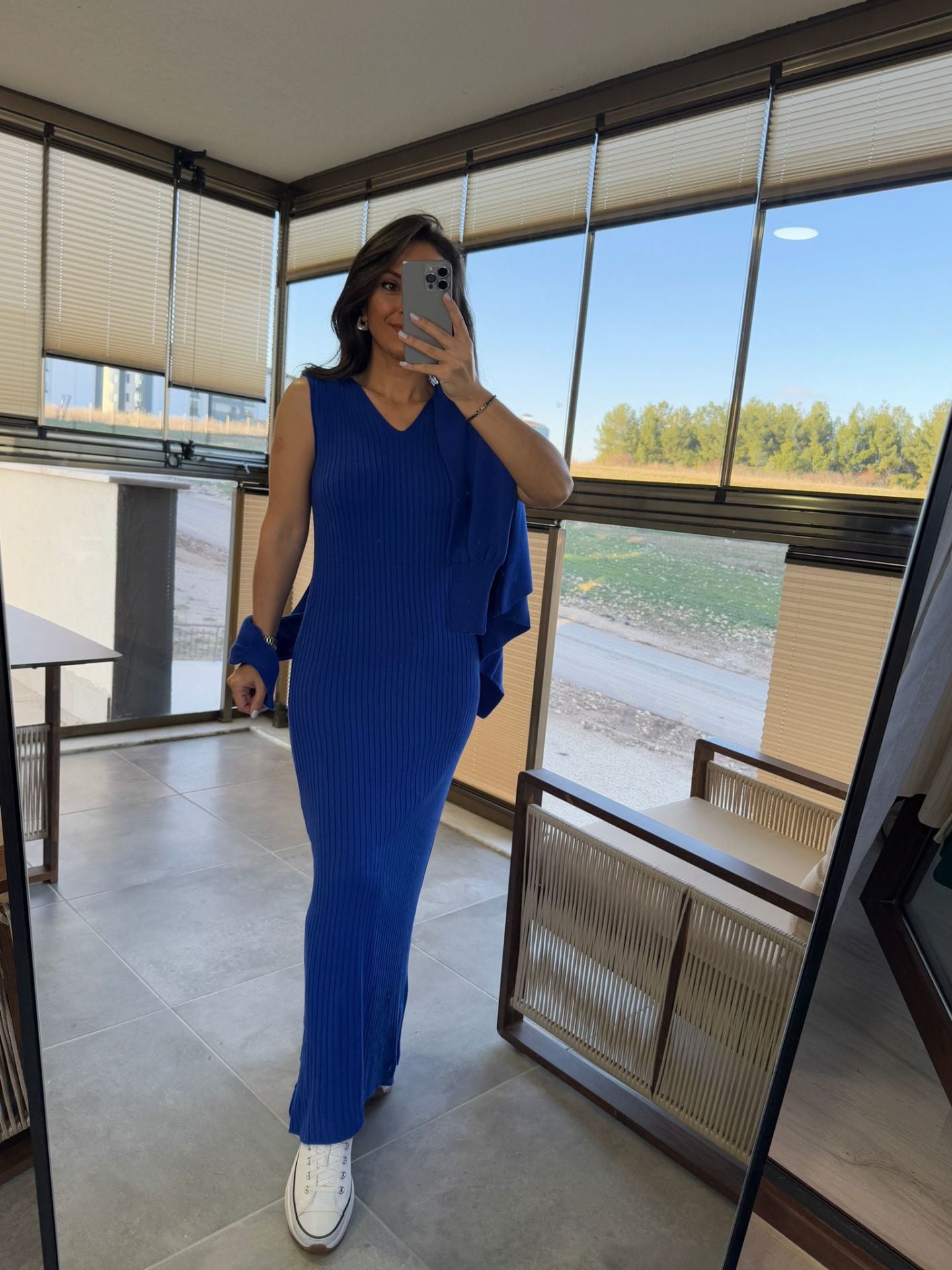 My 1111 Çizgi Detaylı Saks Triko Takım