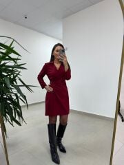 Mc 5909 Bordo Kruvaze Tokalı Elbise