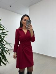 Mc 5909 Bordo Kruvaze Tokalı Elbise