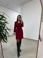 Mc 5909 Bordo Kruvaze Tokalı Elbise