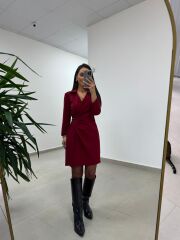 Mc 5909 Bordo Kruvaze Tokalı Elbise