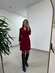 Mc 5909 Bordo Kruvaze Tokalı Elbise