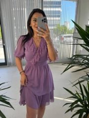 Mc 5741 Dantel Detaylı Lila Şifon Elbise