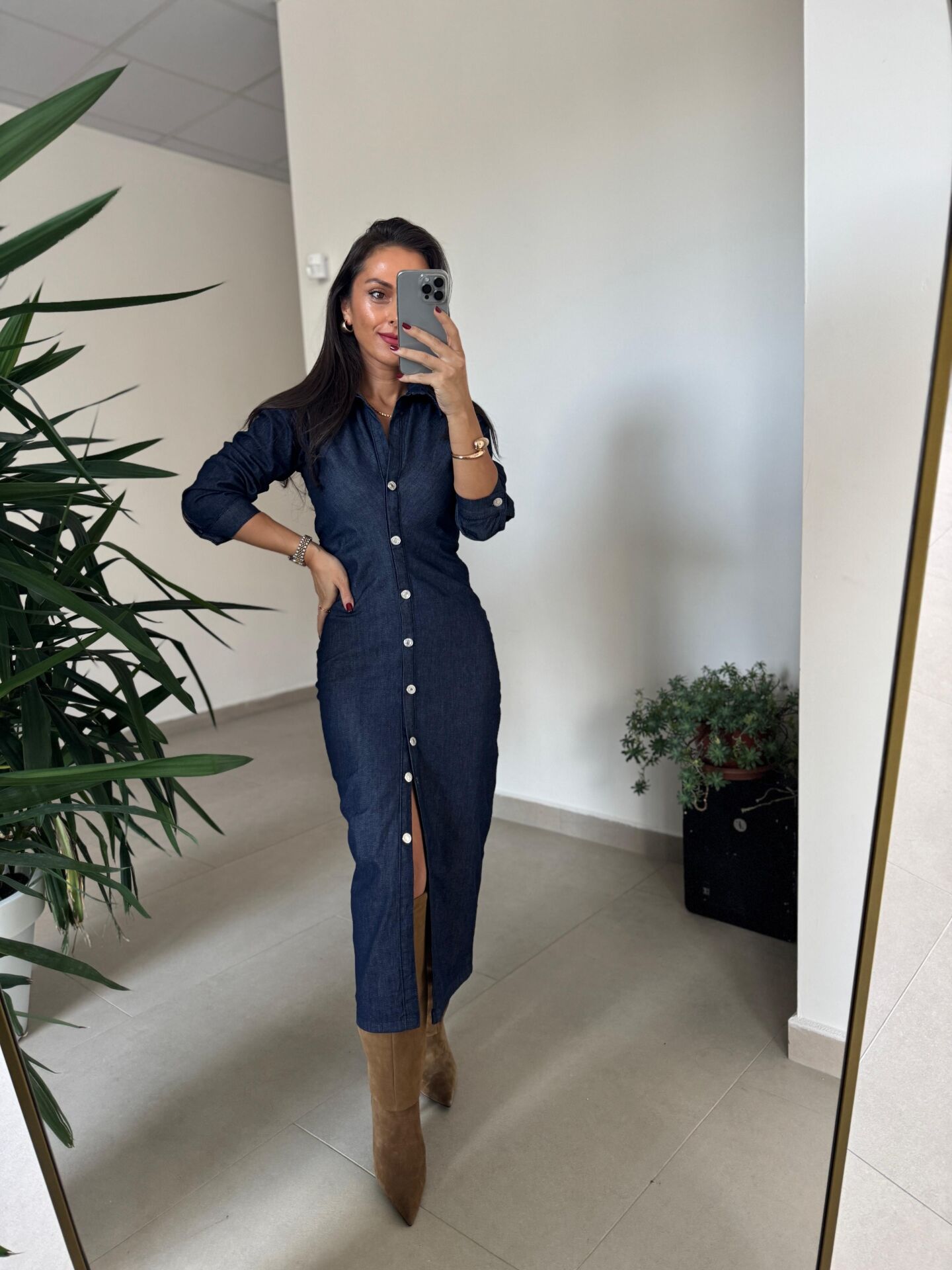 Np Uzun Kol Düğmeli Laci Elbise