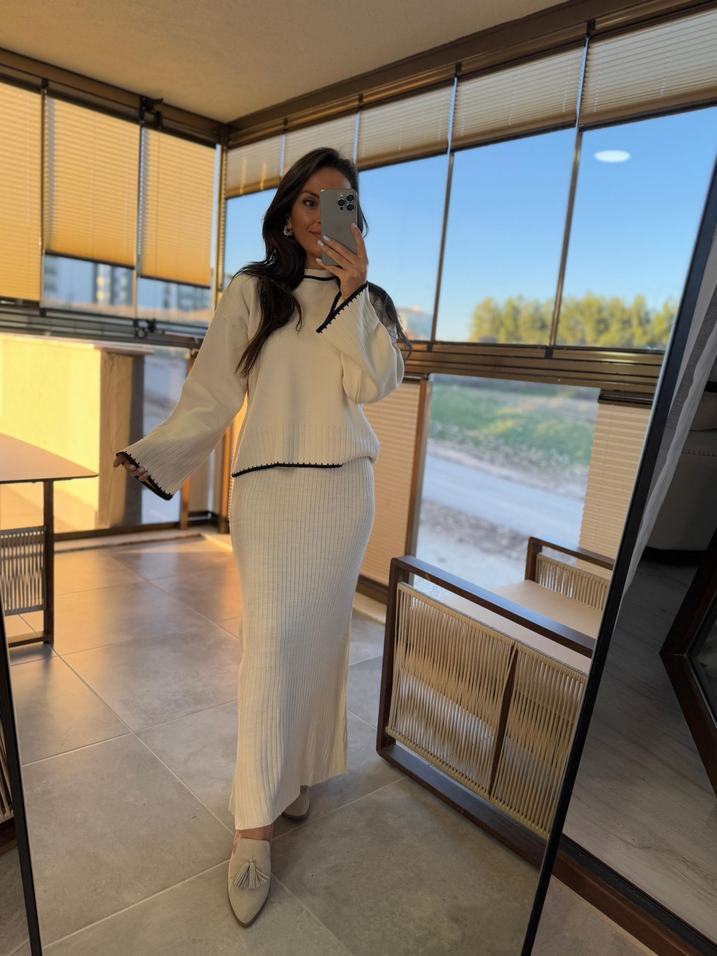 My 1111 Çizgi Detaylı Krem Triko Takım