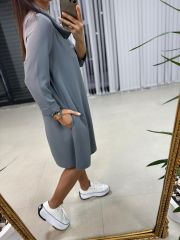 Ms Degaje Yaka Cepli Crep Antrasit Elbise