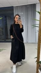 Dr 2427 Turunçu Şerit Geçişli Sweat Poplin Elbise