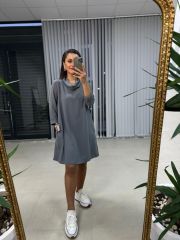 Ms Degaje Yaka Cepli Crep Antrasit Elbise