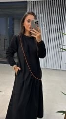 Dr 2427 Turunçu Şerit Geçişli Sweat Poplin Elbise