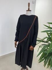 Dr 8054 Turuncu Şerit Geçişli Sweat Poplin Elbise