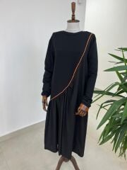 Dr 8054 Turuncu Şerit Geçişli Sweat Poplin Elbise