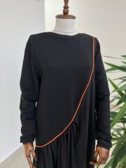 Dr 8054 Turuncu Şerit Geçişli Sweat Poplin Elbise