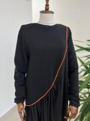 Dr 8054 Turuncu Şerit Geçişli Sweat Poplin Elbise