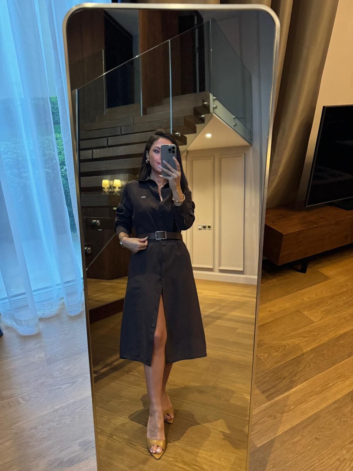 Km 4464 Orj. Marka Kemerli A. Kahve Gömlek Elbise