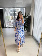 My 3154 Ekru-Saks Çiçekli Viskon Elbise