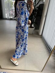 My 3154 Ekru-Saks Çiçekli Viskon Elbise